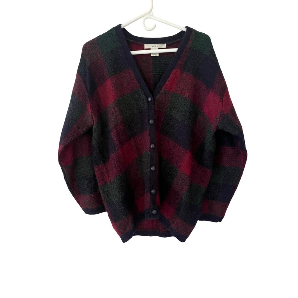Vintage Lise J Plaid Mohair Blend Cardigan Sweater Large Navy Burgundy Green